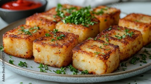 Crispy potato cakes served with fresh herbs and dipping sauce on a wooden table
