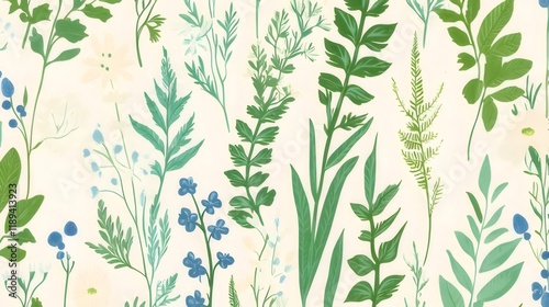 Wallpaper Mural Watercolor illustration of various green plants and flowers on a cream background. Torontodigital.ca