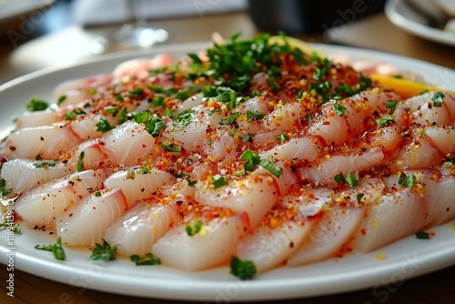 Fresh diced fish seasoned with herbs and spices served on a black plate