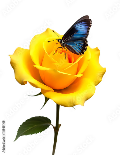 Vibrant Yellow Rose with Blue Morpho Butterfly Detailed Closeup Shot leaf stem macro flora fauna    