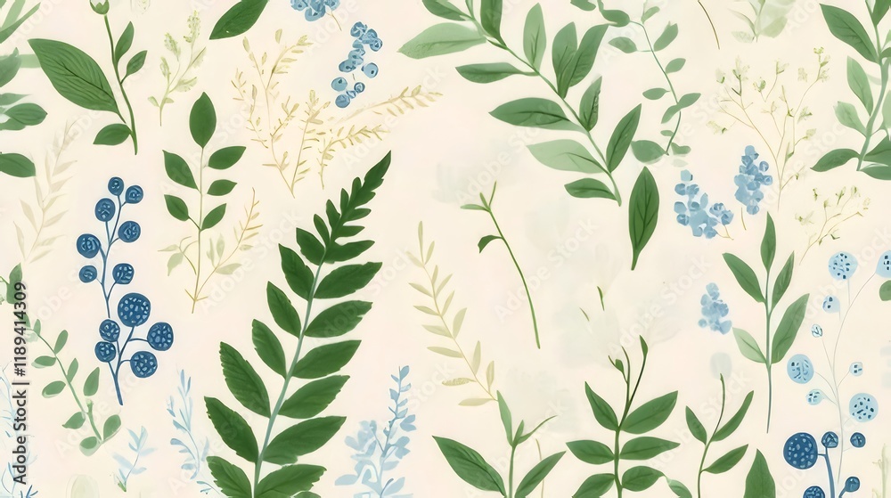 Seamless pattern of various green and blue leaves and flowers on a beige background. Seamless pattern of various green and blue leaves and flowers on a beige background.