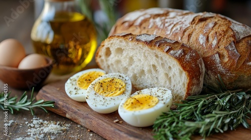 Delicious outdoor brunch setup featuring freshly baked bread and an assortmen...