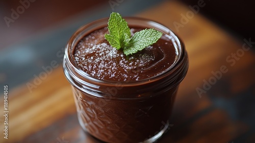 Velvety chocolate mousse topped with mint leaves served in a glass jar on a w...