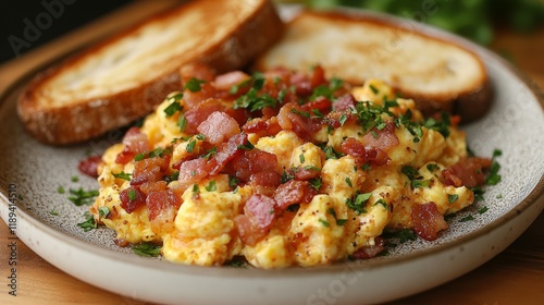 Breakfast plate with fluffy scrambled eggs, crispy bacon, and toasted bread s...