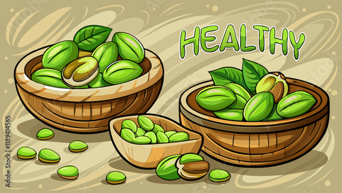Wallpaper Mural Green salted pistachios in wooden bowls on light concrete background. Copy space for your text. Healthy nuts snack Torontodigital.ca