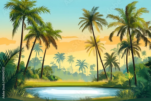 Tropical landscape with tall palm trees against the backdrop of sunset or sunrise. A pond with lush greenery, many palm trees of different sizes and blue sky trees. 