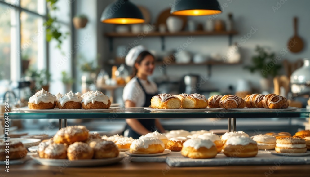 Cozy bakery with assorted pastries and female baker in background