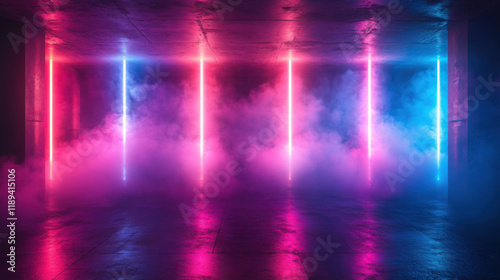 Wallpaper Mural A captivating underground space featuring glowing neon lights in pink and blue, surrounded by a thick fog that adds an air of mystery and enhances the futuristic atmosphere Torontodigital.ca