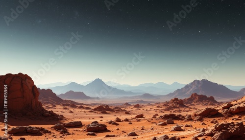 Martian Landscape under a Starry Sky with Distant Mountain Ranges and Red Rocks