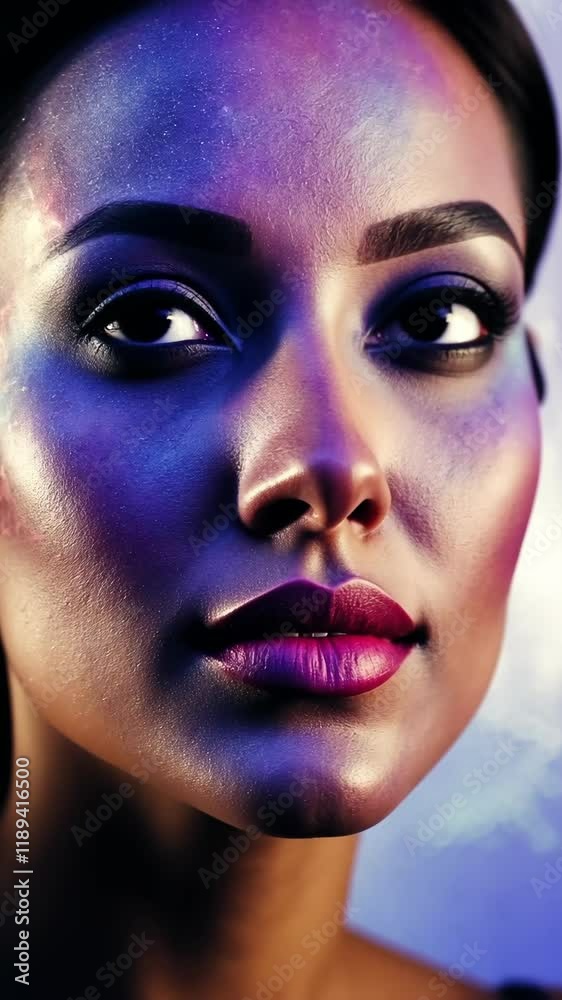 Creative makeup showcasing vivid colors and artistic flair on a model's face during a photoshoot in a studio setting Creative makeup showcasing vivid colors and artistic flair on a model's face during a photoshoot in a studio setting