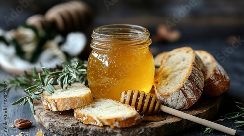 Honey jar with fresh bread slices on a rustic wooden table surrounded by herb...