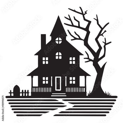 Eerie Haunted Mansion Silhouette Illustration
