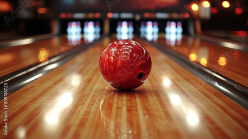 Red bowling ball rolling down wooden lane in a bowling alley at night