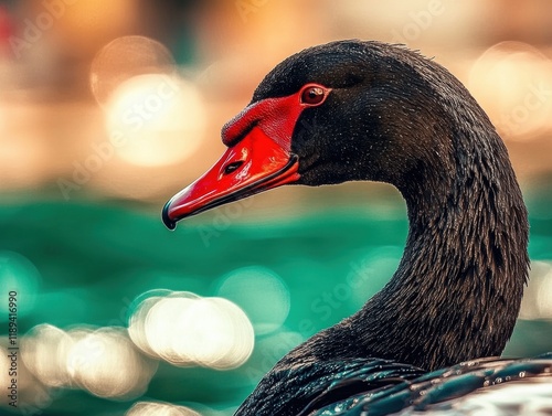Close-up of a black swan showcasing its striking red beak and intense gaze by shimmering water
