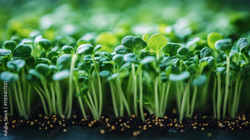 Fototapeta premium Close-up of vibrant green microgreens sprouting from dark soil.