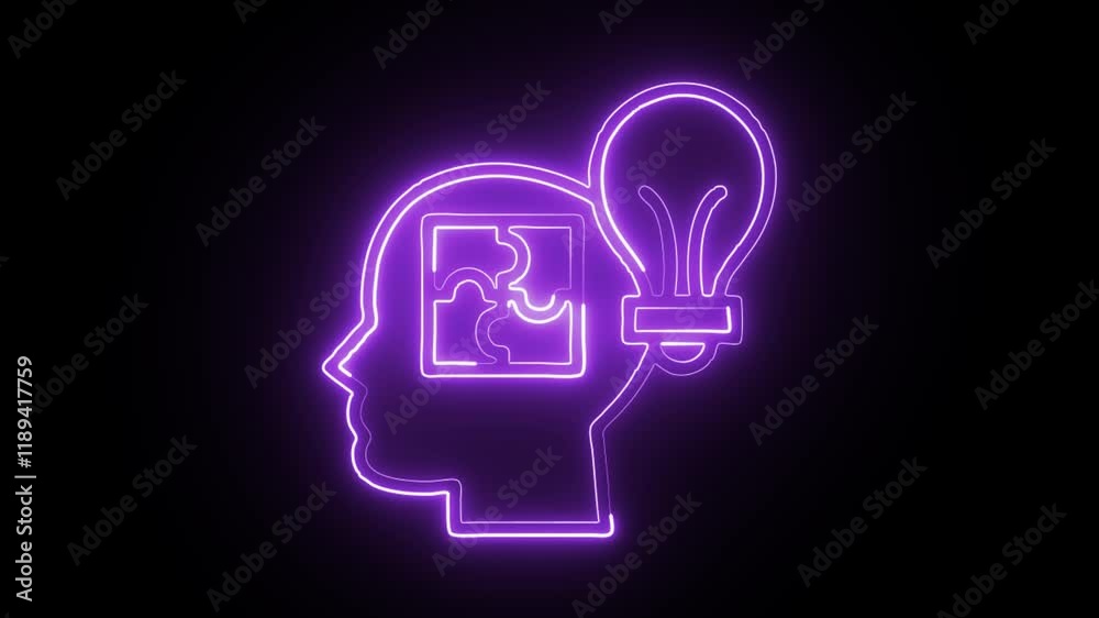 glowing neon logical thinking icon isolated on black background. HD video motion graphic animation glowing neon logical thinking icon isolated on black background. HD video motion graphic animation