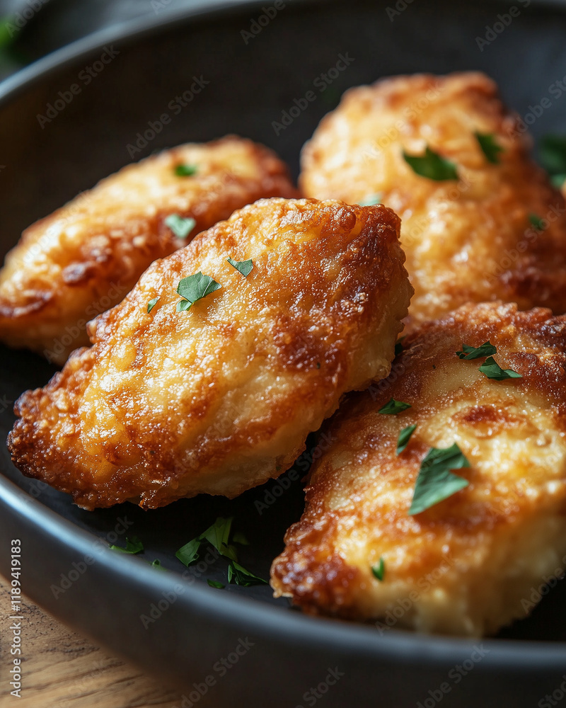 Fried potato cakes garnished with parsley on black plate Fried potato cakes garnished with parsley on black plate