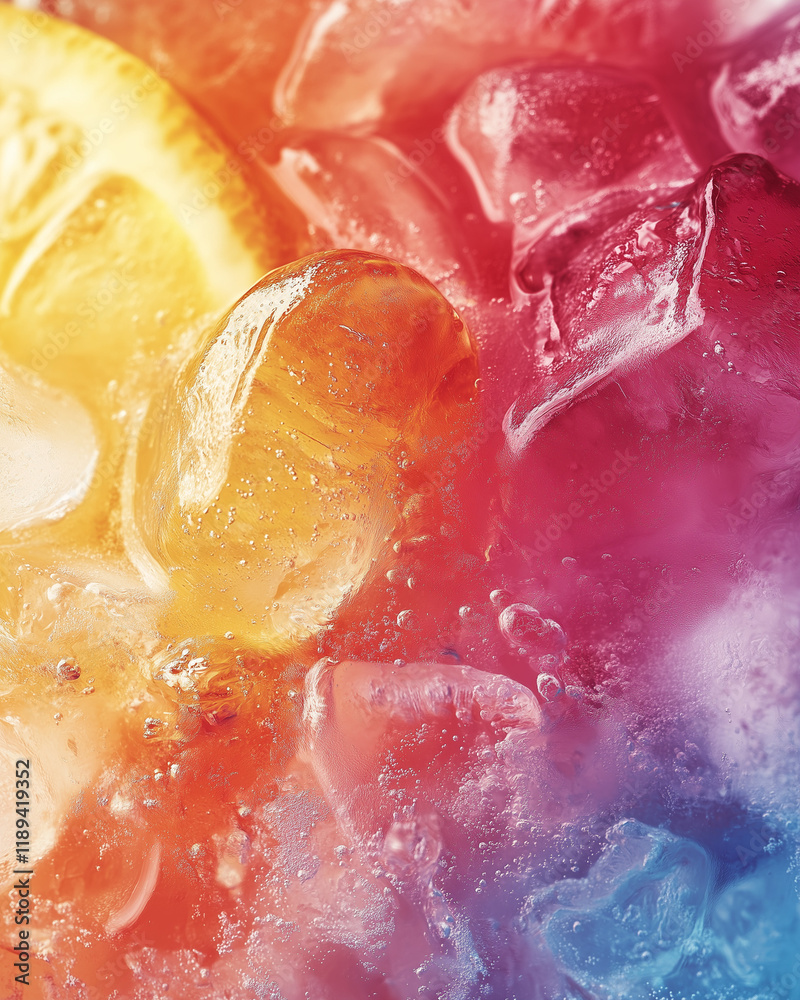 Fototapeta premium Vibrant ice cubes and lemon slice in colorful beverage
