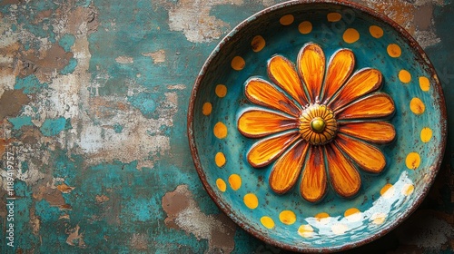 Colorful handcrafted ceramic bowl with floral design on rustic wooden table