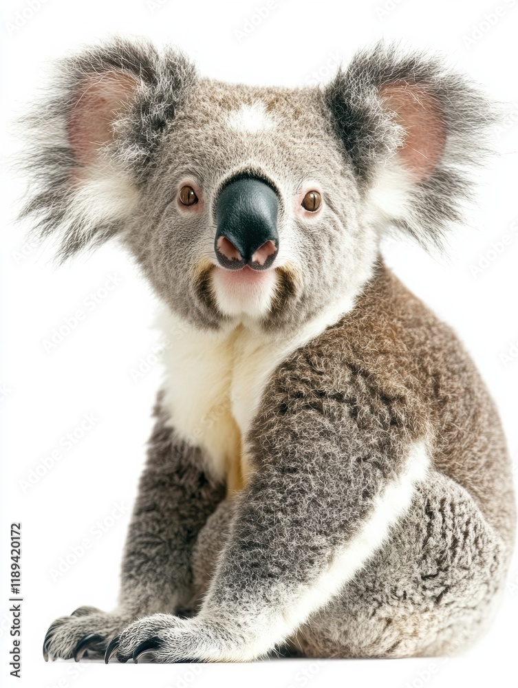 Naklejka premium Relaxed koala with gray fur sitting and looking at the camera on a white background