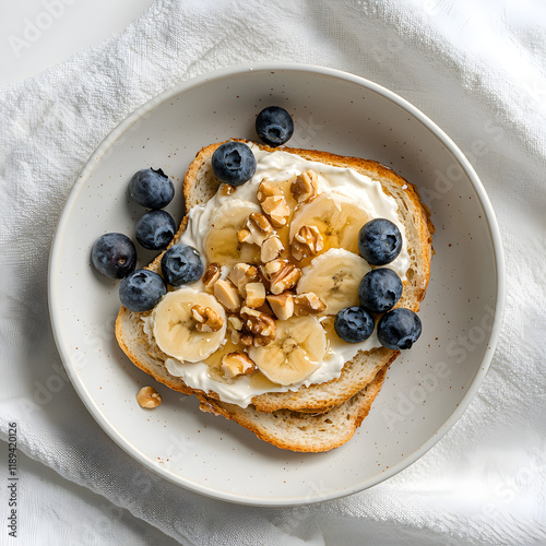 Delicious Breakfast Toast with Cream Cheese, Fresh Bananas, Blueberries, and Nuts, Served on a White Plate for a Healthy and Wholesome Morning Meal