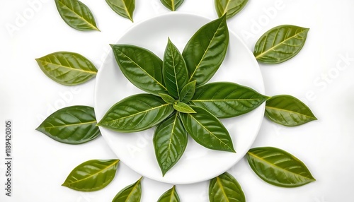 Central Green Plant with Surrounding Leaves: Minimalist Nature Still Life photo