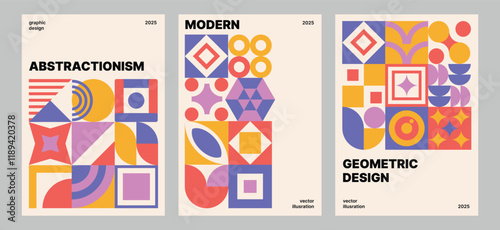 Abstract Bauhaus poster collection. Bauhaus geometric pattern background, circle, square, triangle graphic design. Modern style vector.