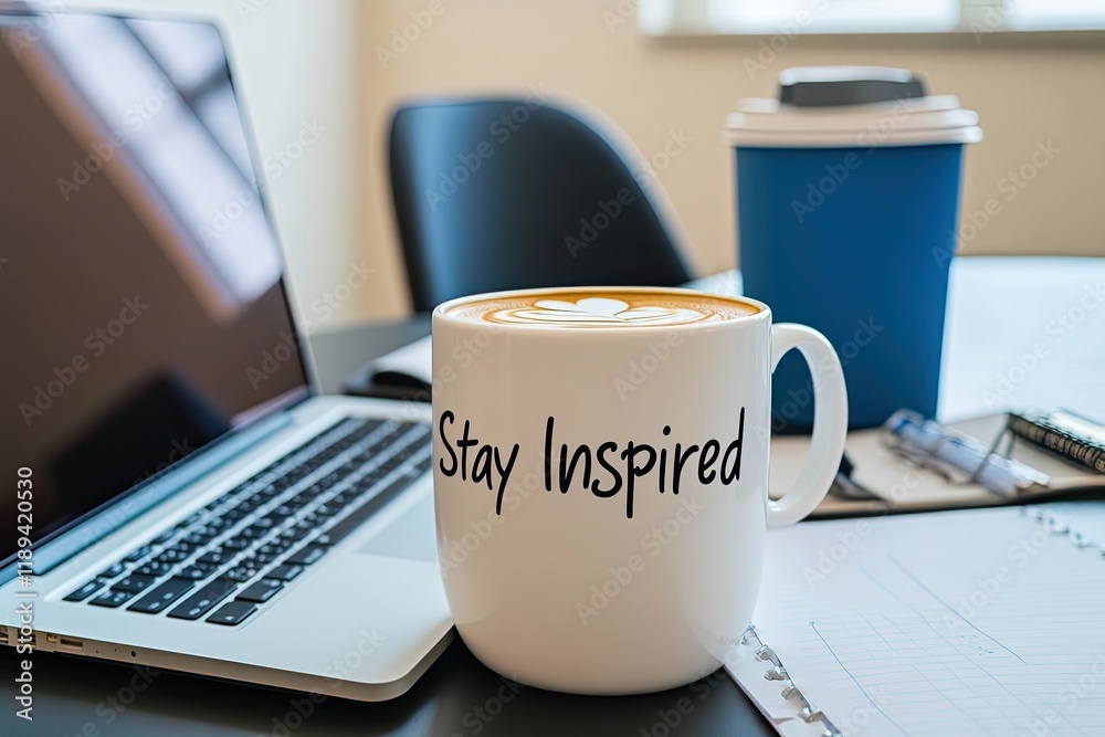 coffee cup with words stay inspired placed on desk with laptop and notepad in training session coffee cup with words stay inspired placed on desk with laptop and notepad in training session