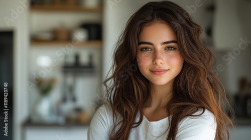 Portrait of a young woman with long brown hair, smiling gently at the camera, in a bright, blurred kitchen background. Free Download Portrait of a young woman with long brown hair, smiling gently at the camera, in a bright, blurred kitchen background. - GFXLoad