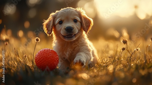 Golden retriever puppy joyfully running in a sunny park setting during autumn