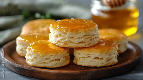 Freshly baked biscuits topped with honey and fruit preserves on a wooden plat...