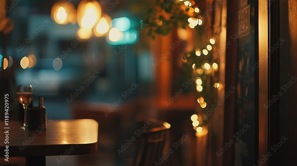 Fototapeta premium Blurred Coffee Shop Interior with Warm Lights and Coffee Glass