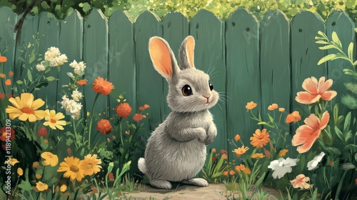 Cute bunny surrounded by colorful flowers in a sunny field during springtime