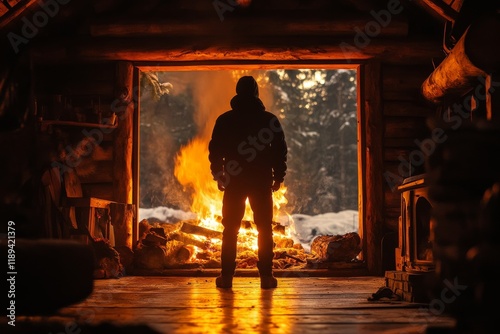 Man standing near campfire in rustic cabin during winter sunset