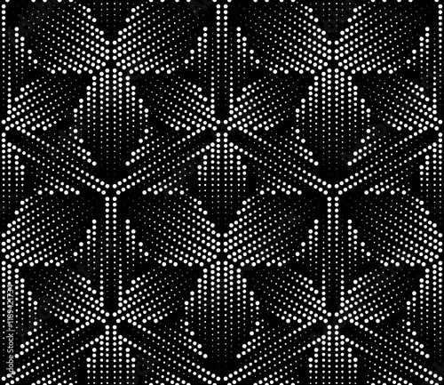 Black and white seamless repeating pattern with an elegant and modern design of thin white dotted lines that form abstract geometric floral elements. Vector texture with small circles and dots.