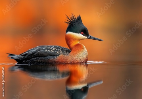 美しいオレンジの背景に浮かぶ波に逆らう鳥の姿 photo