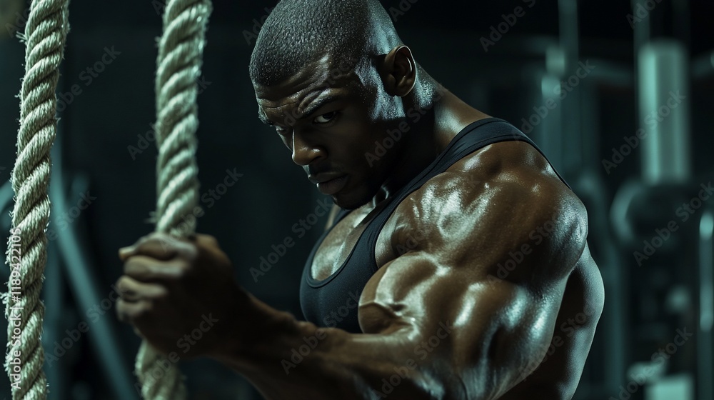 Muscular individual training with ropes in a gym setting. Muscular individual training with ropes in a gym setting.