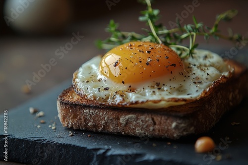 Delicious fried egg served on toasted bread with steam rising in a dark backg...