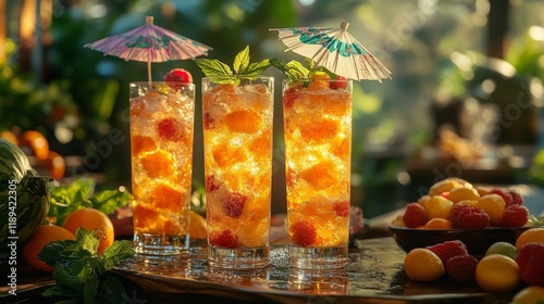 Refreshing tropical drinks with fruit and umbrellas in a vibrant garden setti...