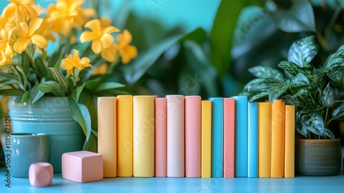 Colorful stacked books beside a geometric block on a vibrant backdrop