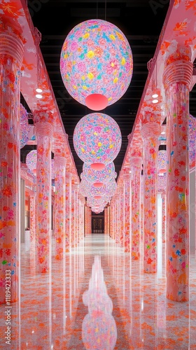 Vibrant Corridor with Colorful Lanterns and Reflective Floor in Modern Art Space