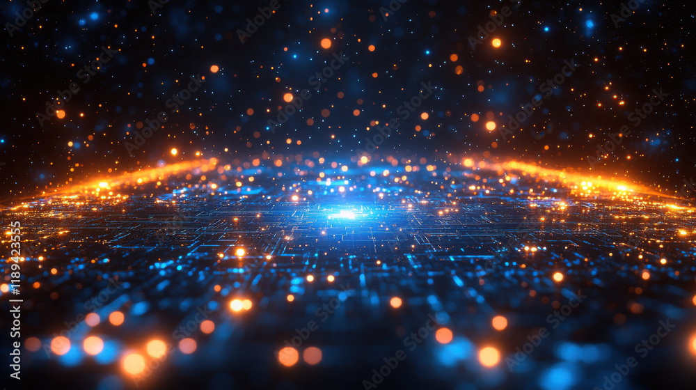 Obraz premium A futuristic digital landscape with glowing blue and orange lights, resembling a high-tech circuit board or a visualization of data flow, creating a visually striking and dynamic scene