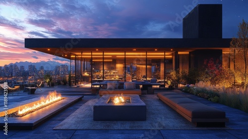 Luxury outdoor lounge with firepit overlooking city landscape at night
