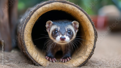 Cute small animal emerging from colorful tube in natural setting during dayli...