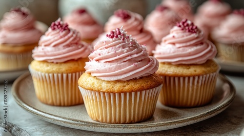 Delicious cupcakes with colorful frosting displayed on a plate in bakery setting