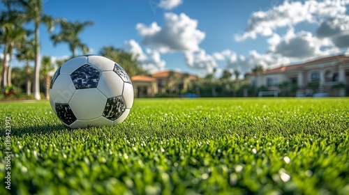 Soccer ball resting on the field during a sunny autumn day in a park