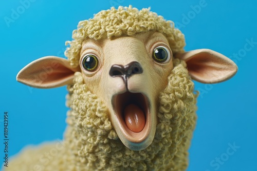 A close-up photo of a fake sheep's face, its mouth agape photo