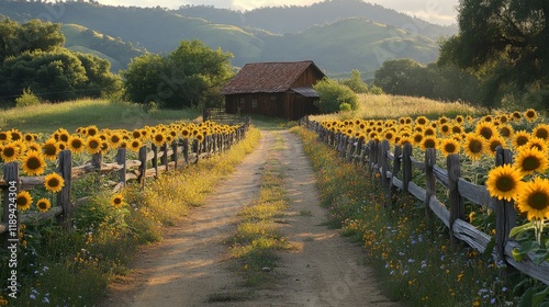 Sunflower-lined dirt path leading to a rustic cabin in a serene countryside l...