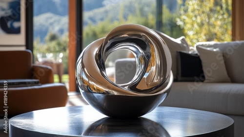 Modern abstract sculpture displayed in a spacious living room with large wind...