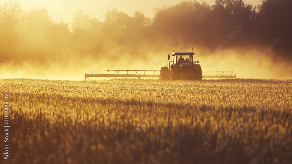 Fototapeta premium A tractor working in a foggy field during sunrise, highlighting agricultural activity.
